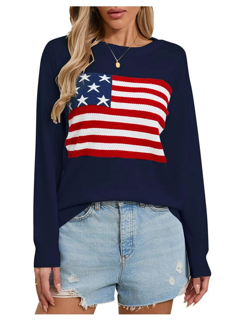 American Flag Graphic Sweaters for Women Casual 4th of July Crew Neck Sweater Long Sleeve Lightwe... | Walmart (US)