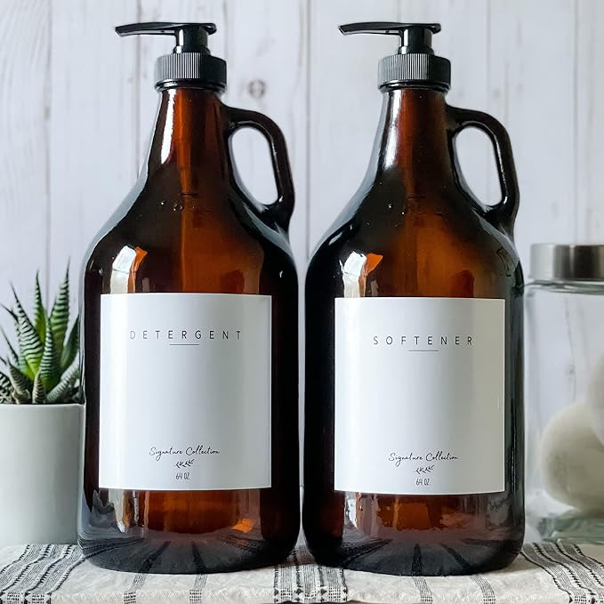 Laundry Detergent Dispenser for Laundry Room - Two Half Gallon Amber Glass Jugs, Fabric Softener ... | Amazon (US)