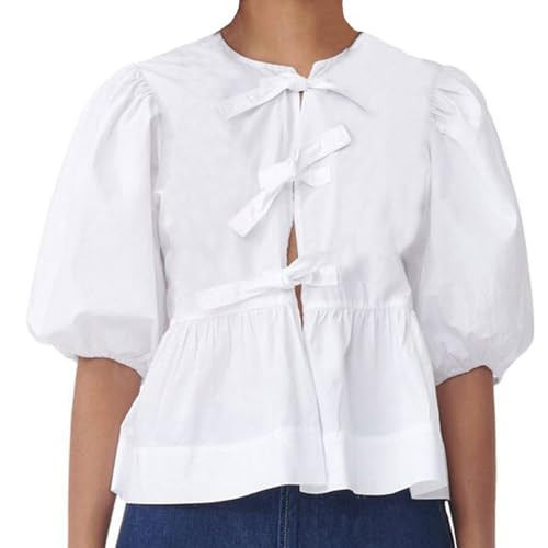 Tie Front Tops for Women Babydoll Tops Cheetah Print Top Tie Front Blouse Puff Sleeve Tie Top (White,M,Medium) | Amazon (US)