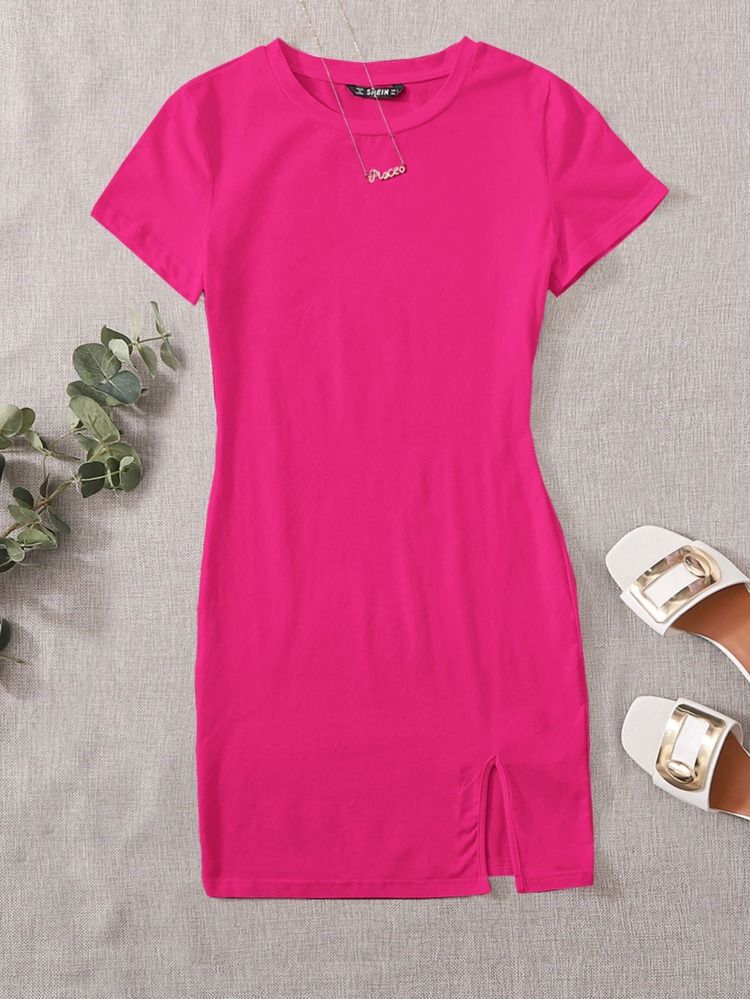SHEIN EZwear Neon Pink Split Hem Solid Dress | SHEIN
