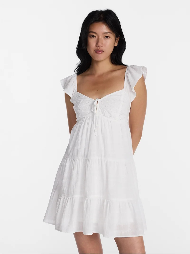 No Boundaries Tiered Cotton Dress with Flutter Sleeves, Women\u2019s XXS-XXL | Walmart (US)