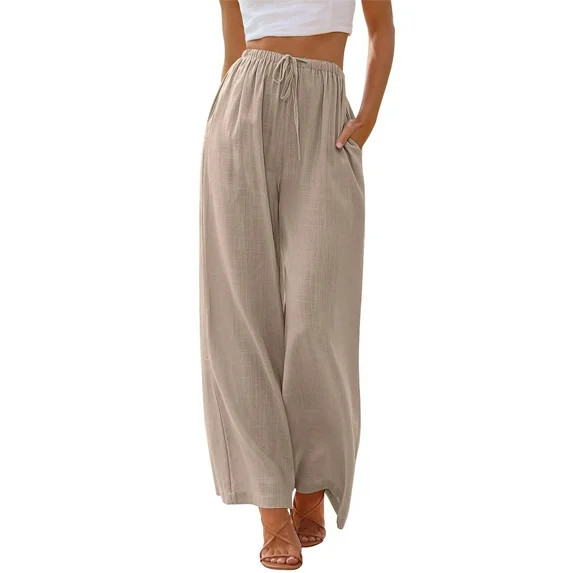 TEMOFON Pants for Women Wide Leg Linen Pant Summer Casual Palazzo Khaki Flowy Pants with Pocket D... | Walmart (US)