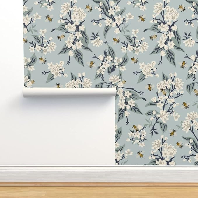 Spoonflower Peel and Stick Removable Wallpaper, Lemon Flowers Blue White Pastel Floral Honey Bees... | Amazon (US)