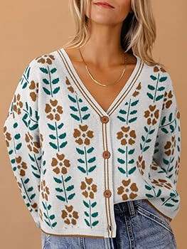 Saodimallsu Womens Floral Print V Neck Cardigan Open Front Button Down Knit Sweater Long Sleeve L... | Amazon (US)