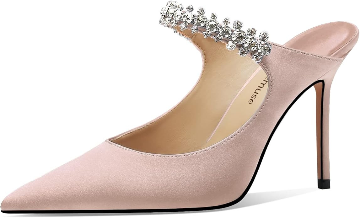 Vaslemuse Women Heeled Mules Rhinestone Strappy Pointed Toe Mules Stiletto High Heels Slip On Bri... | Amazon (US)