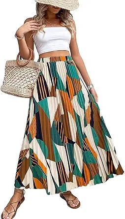 OYOANGLE Women's Boho Geo Print Elastic High Waist Flowy Pleated Maxi Skirt Vacation Skirts | Amazon (US)