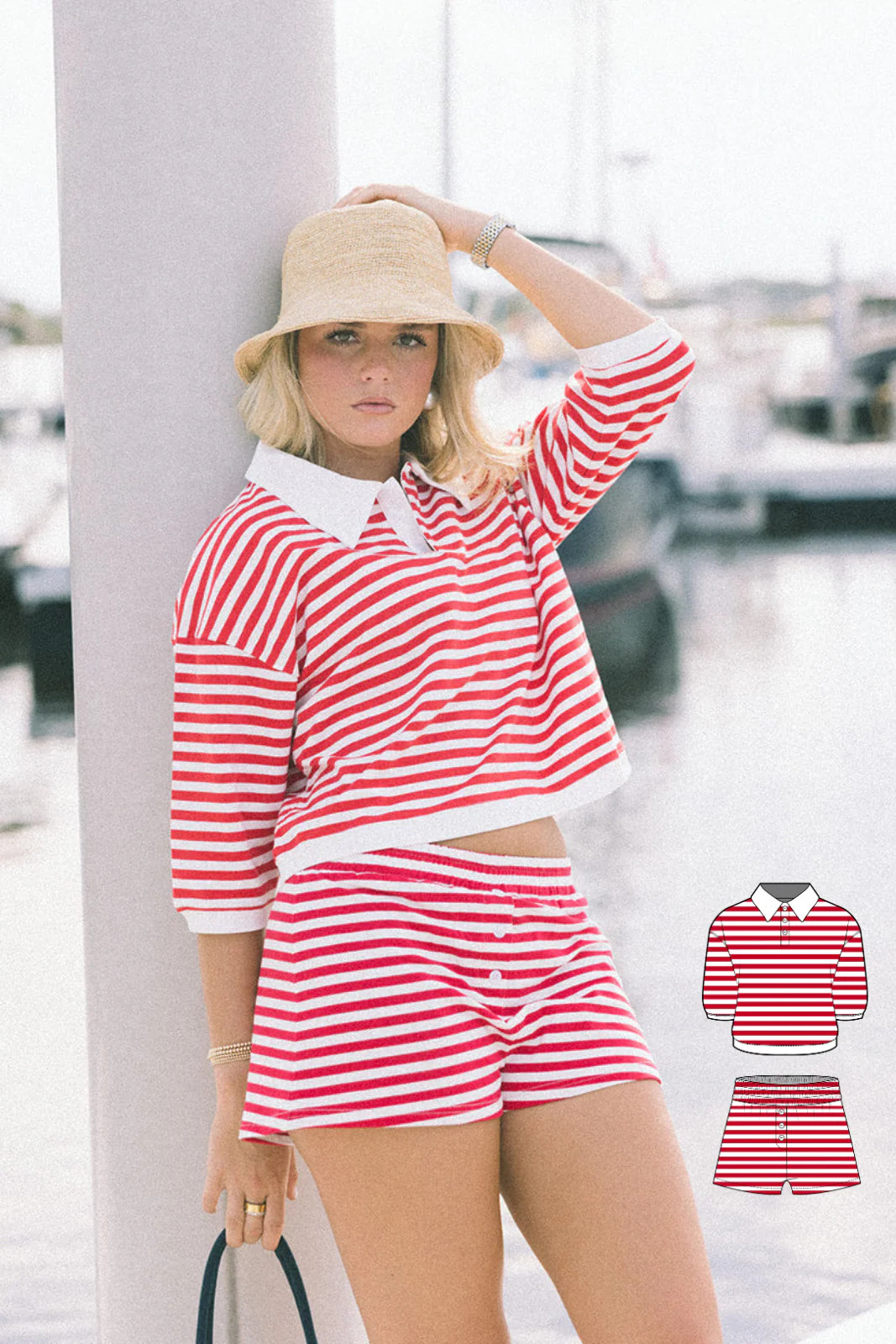 Fancy Polo Collar Tee and Shorts-Set - Red/White Stripes | Fancyd Boutiqe