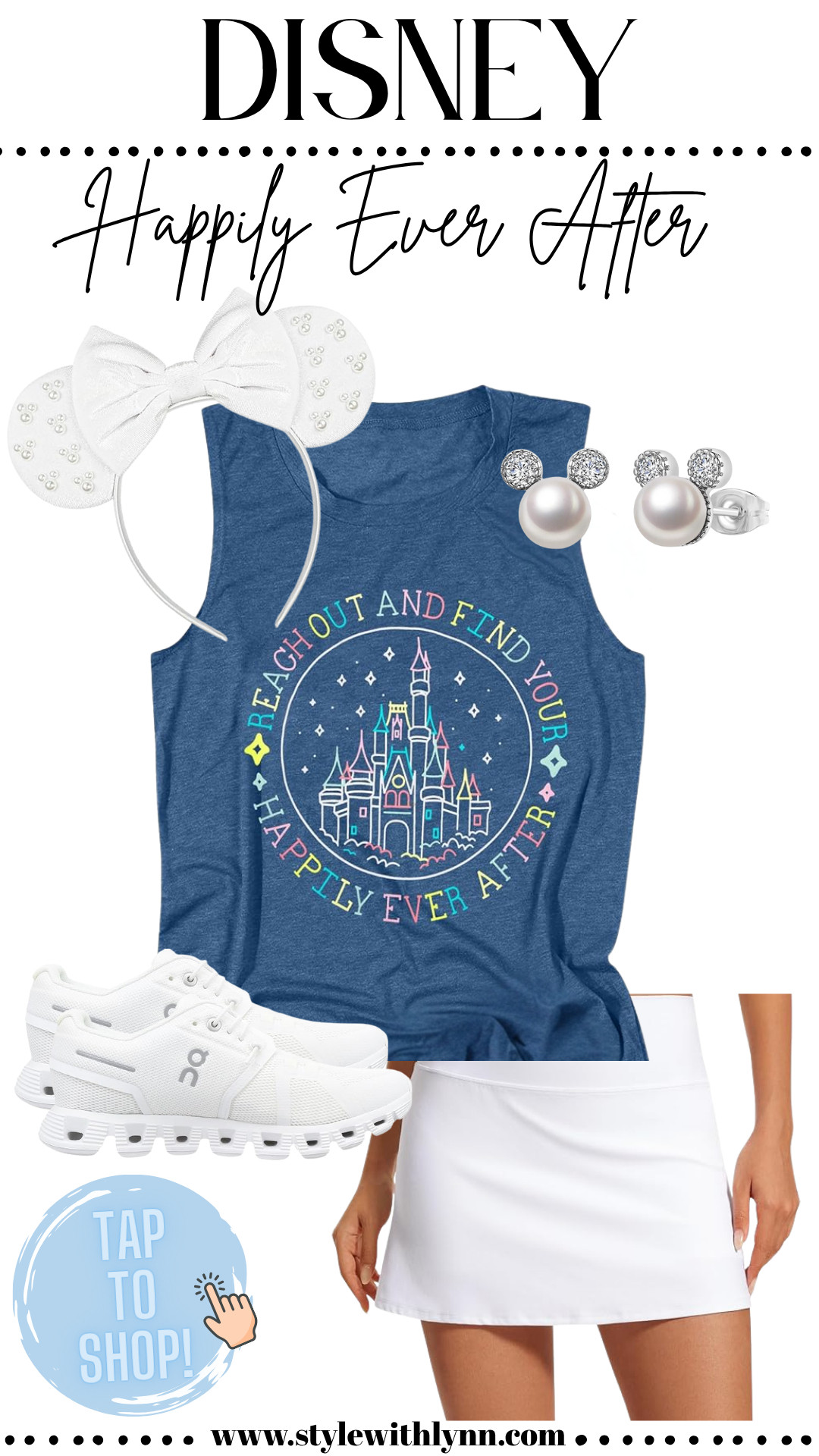 Reach out and find your Happily Ever After in this magical and comfy Disney park look!  Featuring a charming Cinderella Castle graphic tank, white skort, pearl Minnie stud earrings, sparkling white Minnie ears, and cloud-like On Cloud sneakers — perfect for all-day park strolling in style and comfort! 

Whether you're headed to Magic Kingdom for fireworks or just soaking up the Disney vibes, this outfit keeps you cute and park-ready.

🛍️ Tap to shop this full look and get ready for your next Disney adventure!

#DisneyOutfit #DisneyParkStyle #HappilyEverAfter #DisneyFashion #DisneyBound #ParkOutfitInspo #MagicKingdomStyle #LTKDisney #LTKtravel #vacationoutfit #summervacation 

 