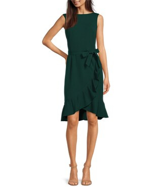 Scuba Crepe Round Neck Sleeveless Ruffle Tulip Hem Tie Waist Faux Wrap Dress | Dillard's