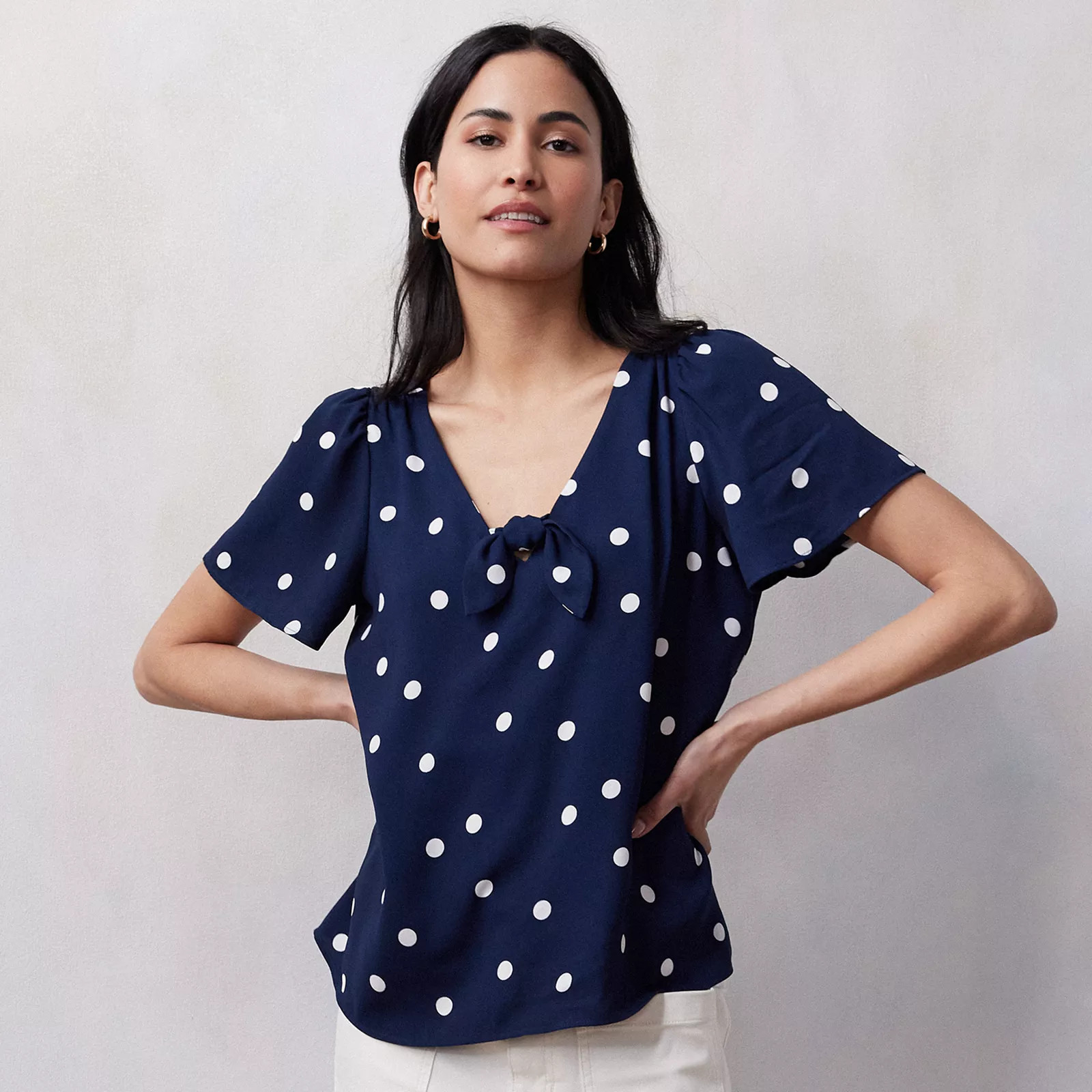 Petite LC Lauren Conrad Woven V-Neck Tee with Tie, Women's, Size: XXL Petite, Blue Randy Dots | Kohl's