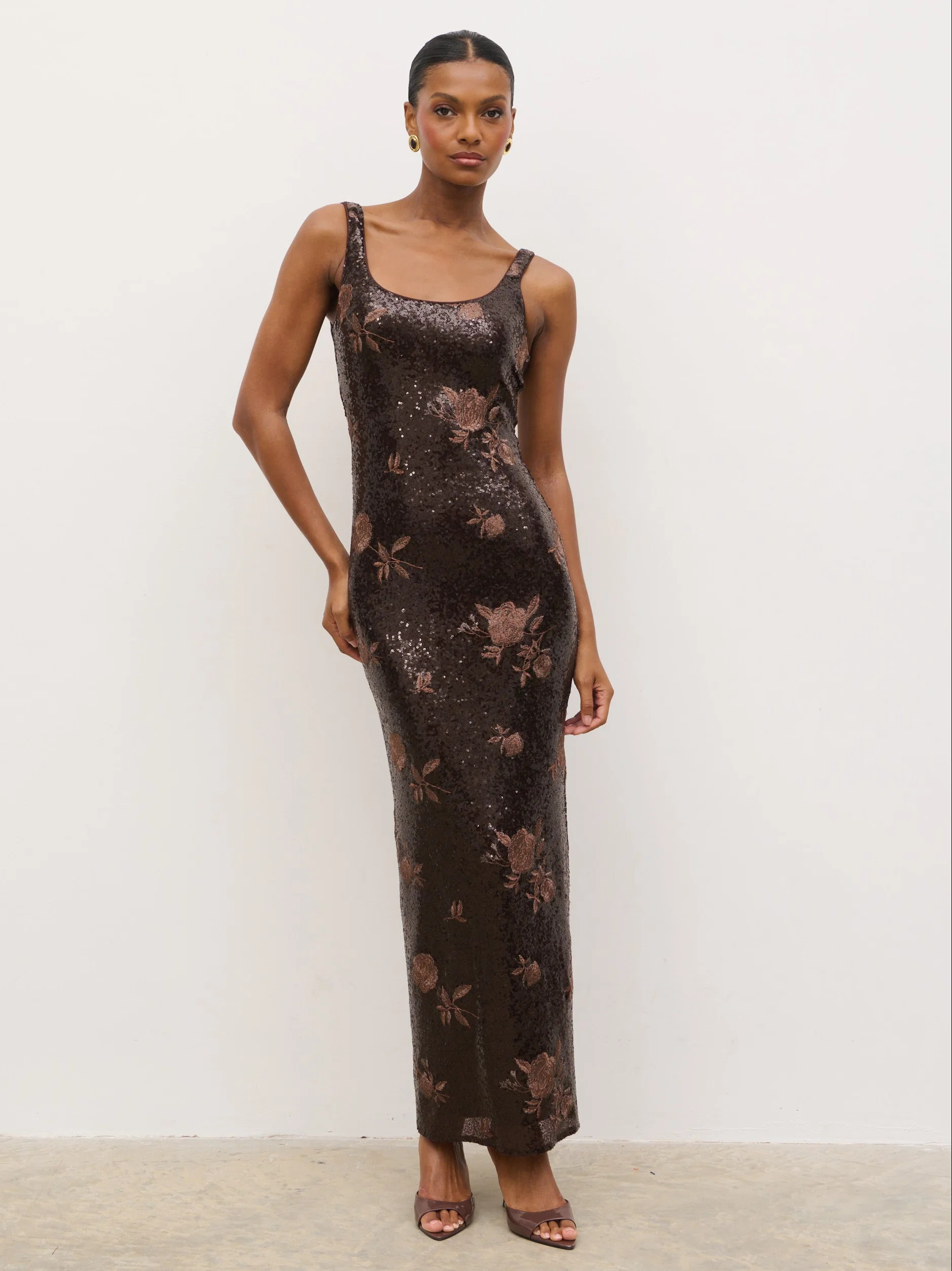Zia Sequin Maxi Dress - Brown Floral Sequin | Pretty Lavish (UK)