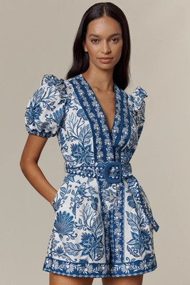 Farm Rio Shell Garden Cotton V-Neck Romper | Anthropologie (US)