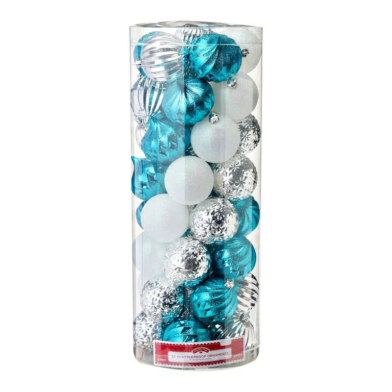 Holiday Time Turquoise & Silver Shatterproof Christmas Ornaments, 50 Count | Walmart (US)