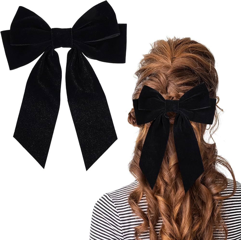 Velvet Black Hair Bow Clips for Women, Soft Long Tail Large Bow Hair Slides, Metal Spring Clip Vi... | Amazon (US)