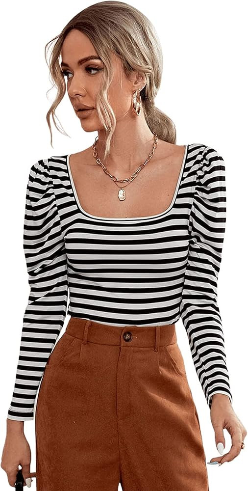 SweatyRocks Women's Casual Striped Tee Shirt Long Sleeve Round Neck Top | Amazon (US)