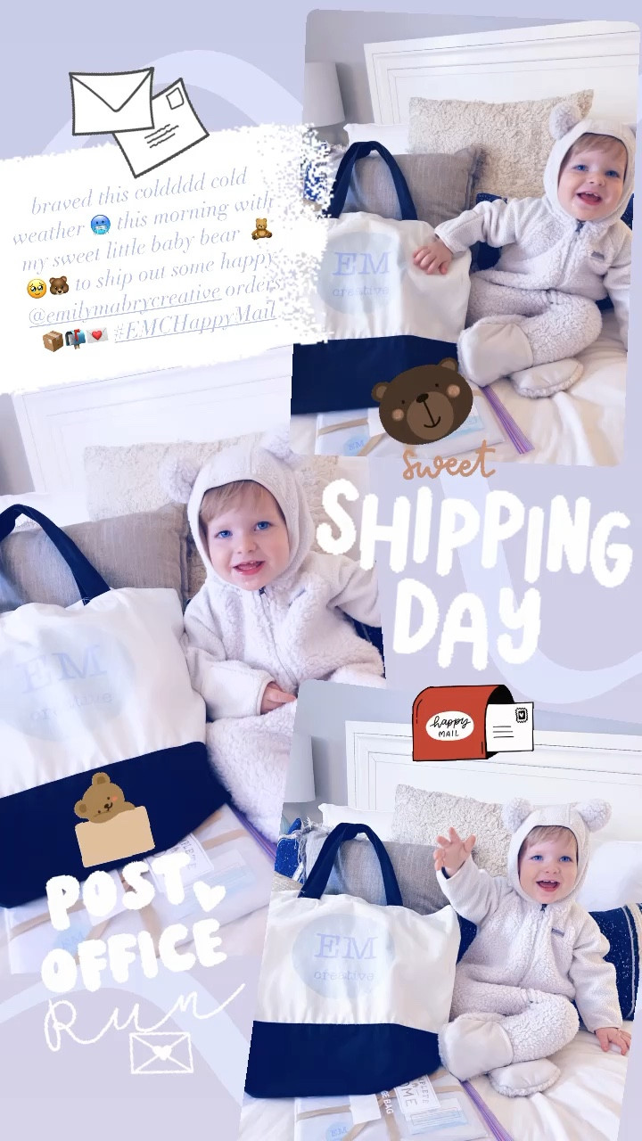 braved this coldddd cold weather 🥶 this morning with my sweet little baby bear  🧸🥹🐻 to ship out some happy @emilymabrycreative orders 📦📬💌 #EMCHappyMail 

#LTKSeasonal #LTKbaby #LTKfamily