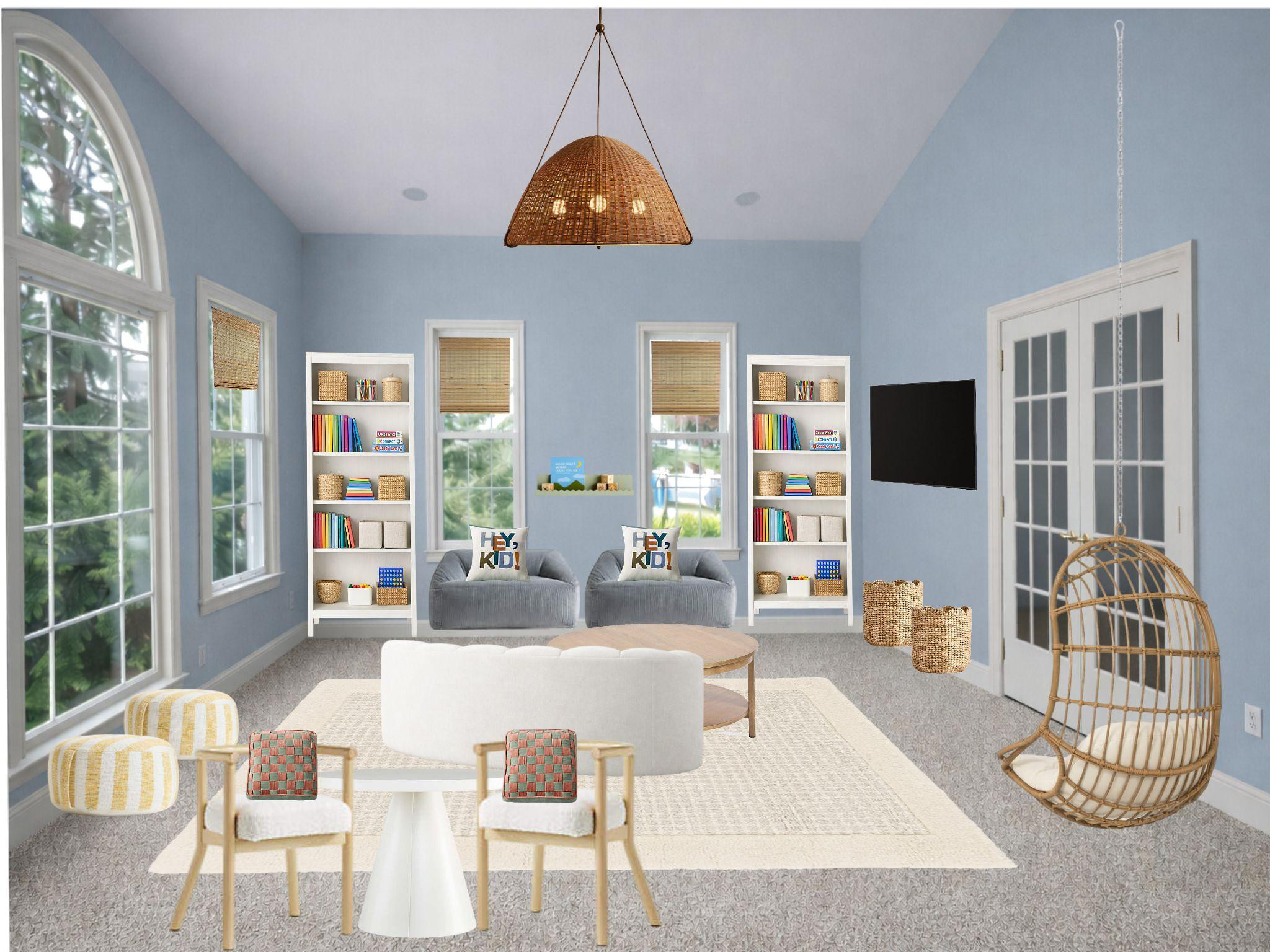 Such a fun playroom concept 🤍 I love how the soft blue walls keep it feeling calm and elevated, while all the shelving and cozy seating make it super functional for everyday use. The mix of textures and warm tones keeps it from feeling too “kid” and makes it blend beautifully with the rest of the home. 

 #LTKHome #LTKKids