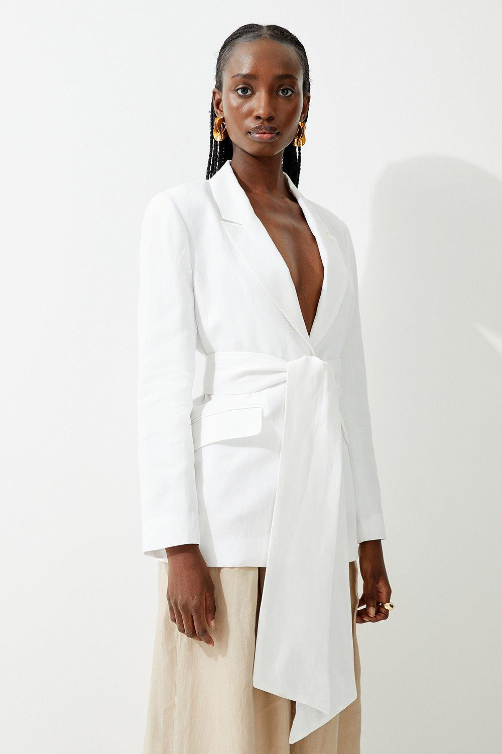 Tall Premium Tailored Linen Tie Waist Longline Blazer | Karen Millen US