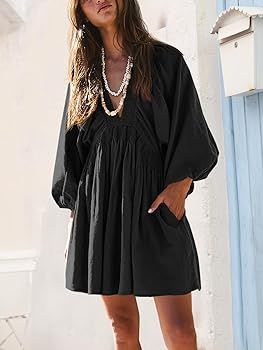 Fisoew Women's Long Sleeve Mini Dresses Deep V Neck Loose Swing Beach A Line Dress with Pockets | Amazon (US)