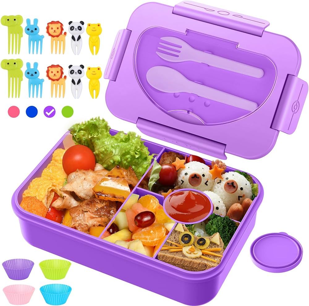 Modern Plastic Purple 1350ML Leak-proof Bento Lunch Box for Kids with 5 Compartments and Utensils | Amazon (US)