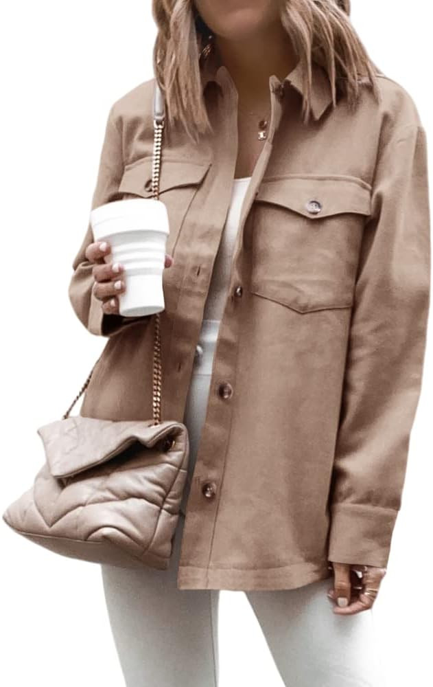 Cnkwei Womens Button Down Shackets Casual Long Sleeve Shirt Jackets | Amazon (US)