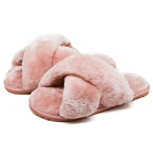 Crazy Lady Women's Fuzzy Fluffy House Slippers Cute Plush Memory Foam Shoes Cross Band Indoor Outdoor Open Toe Sandals(06/Pink, 8.5-9.5) | Amazon (US)