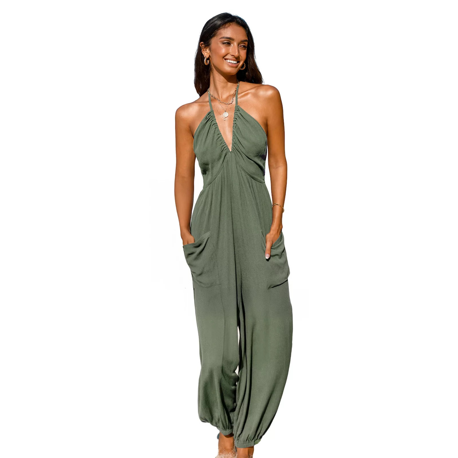 Juniors' Cupshe Halter Sleeveless Jumpsuit with Pockets, Women's, Size: Large, Beige Khaki | Kohl's