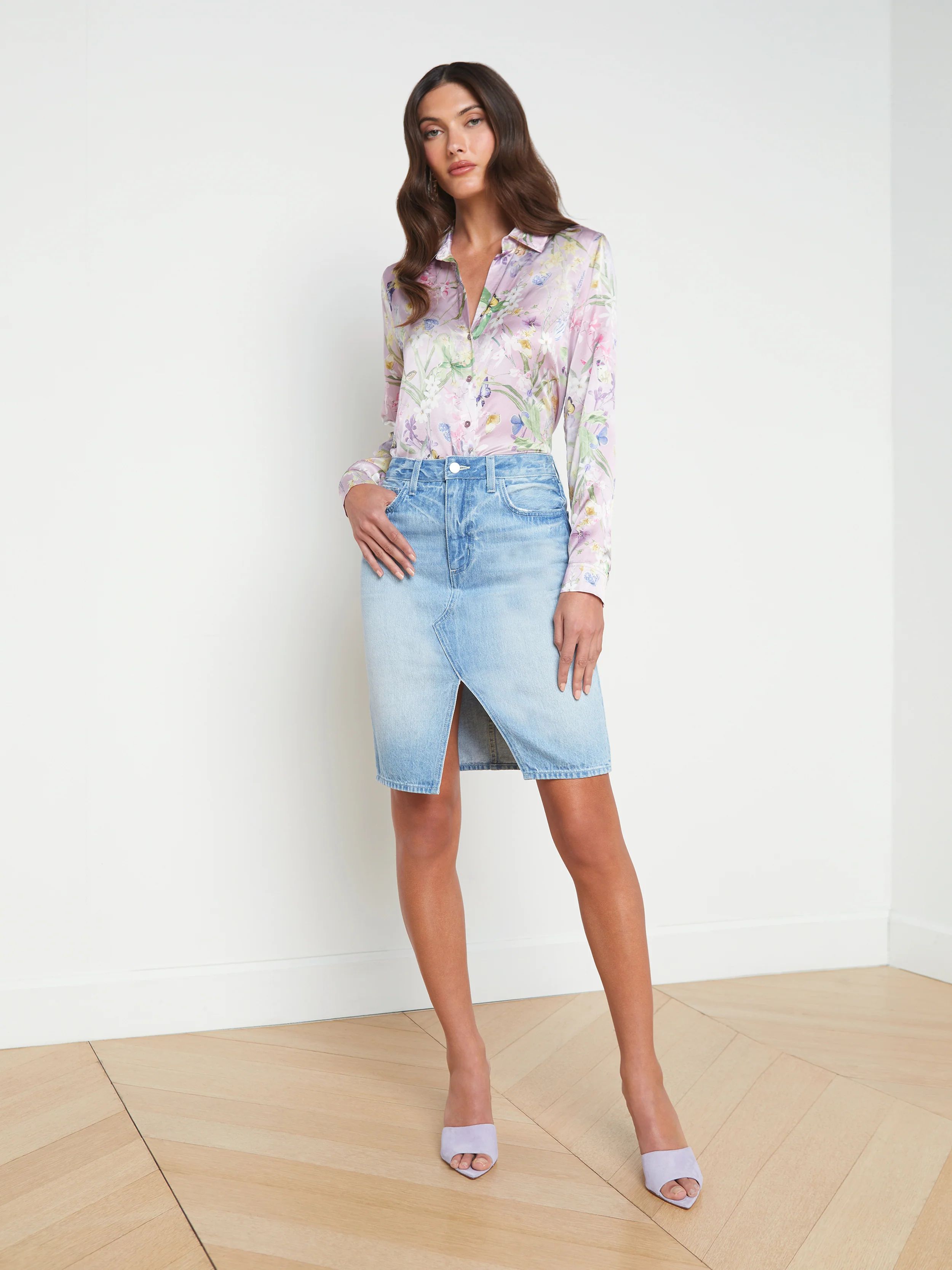 L'AGENCE - Tylee Front-Slit Jean Skirt in Palisade | L'Agence