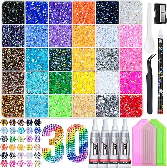 40000 Pcs Resin Jelly Rhinestones Kit, 30 Colors 3mm Flatback Rhinestones with 4 Pcs B7000 Jewelr... | Amazon (US)