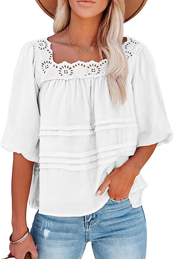 AlvaQ Summer Women Lace Crochet Square Neck Tops Ruffle Lantern Short Sleeve Shirt Casual Loose B... | Amazon (US)