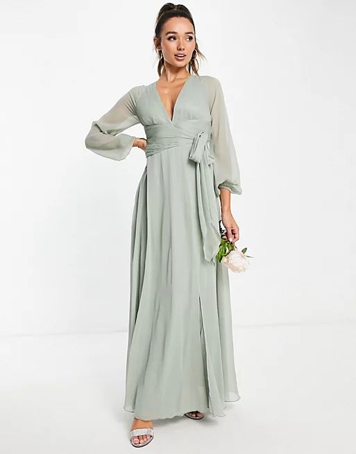 ASOS DESIGN Bridesmaid long sleeve ruched maxi dress with wrap skirt in olive | ASOS (Global)