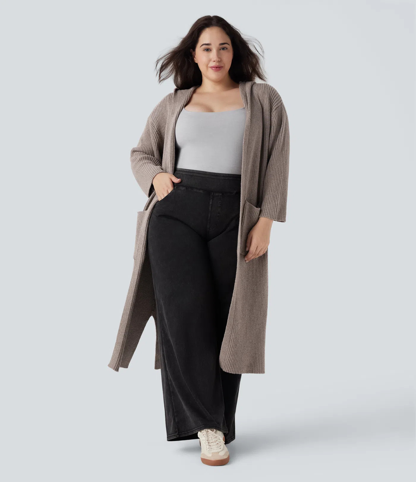 Hooded Long Sleeve Pocket Longline Casual Plus Size Cardigan | HALARA