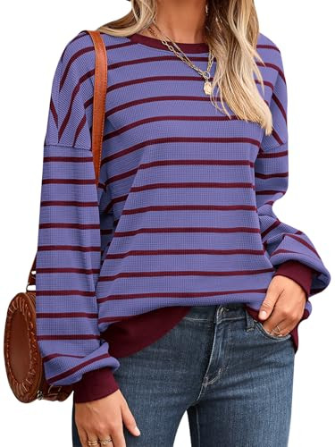 PRETTYGARDEN Oversized Sweatshirt For Women Crewneck Long Sleeve Striped Shirt Casual Fall Preppy Clothes Y2K Pullover Tops(Striped Purple Dark Red,X-Large) | Amazon (US)