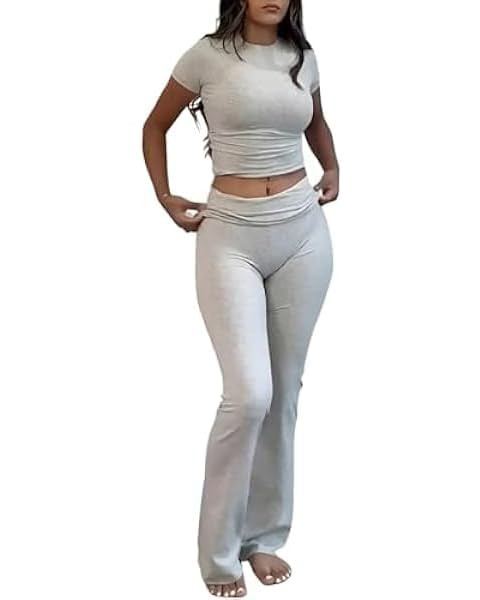 Women's 2 Piece Lounge Outfits Slim Short Sleeve Tops Low Rise Flare Leggings Sets Yoga Sweatsuit | Amazon (US)