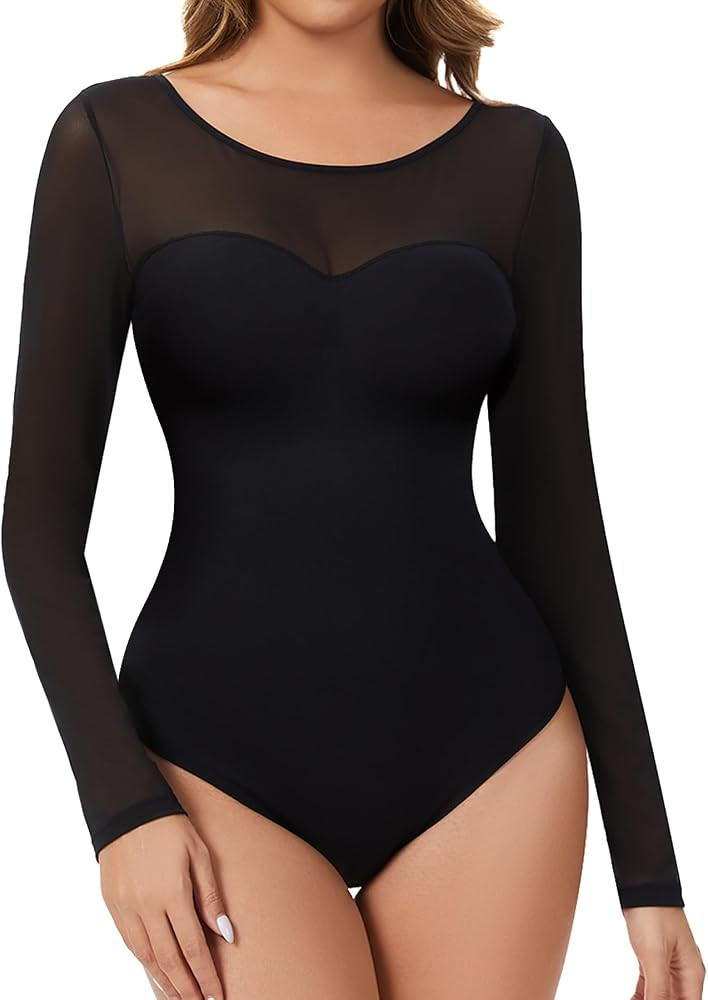 Women's Long Sleeve Shapewear Bodysuit for Tummy Control Body Suits Sheer Mesh Leotard Going Out ... | Amazon (US)