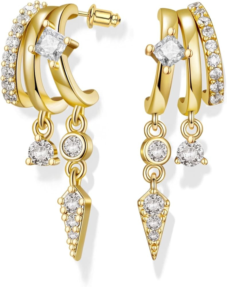 Hefanny Triple Huggie Stacked Earrings for Women Gold Chain Drop Dangle Earrings Cute Statement C... | Amazon (US)