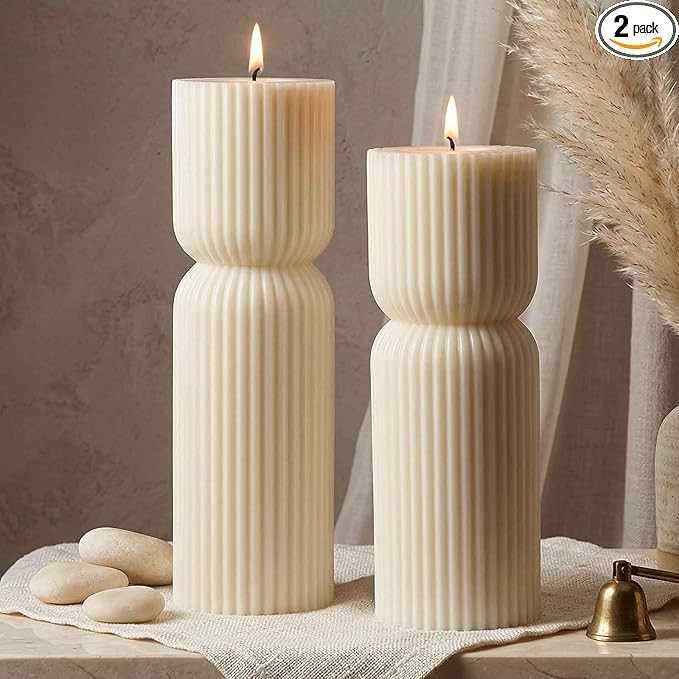 Aesthetic Sandalwood Scented Candles,Ribbed Pillar Candle Set of 2 (7.87" & 9.05" Tall), Natural ... | Amazon (US)