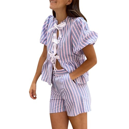 Luckinbaby Womens 2 Piece Tie Front Lounge Set Y2k Puff Sleeve Plaid Peplum Shirt Ruffle Hem Shorts Pajama Set Summer Outfits(Bow Front Light Purple,Large | Amazon (US)