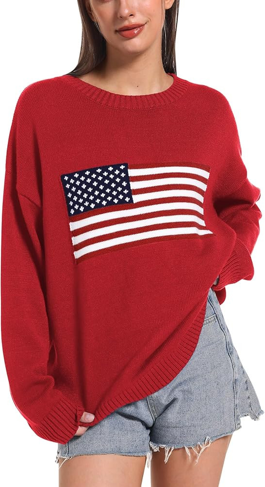 Ugerlov Women's Oversized American Flag Sweater Long Sleeve Crewneck Knit USA Sweaters 2024 Fall ... | Amazon (US)