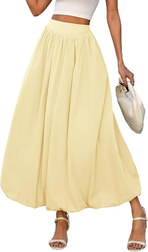 ELLEVEN Women's Bubble Maxi Skirt, Elastic Waist Puffy Hem A-Line Skirts | Amazon (US)