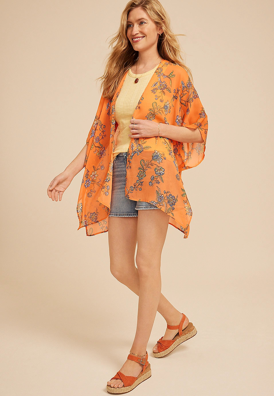 Orange Floral Open Front Kimono | Maurices