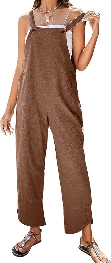 PUWEI Womens Cotton Linen Adjustable Bib Overalls Casual Wide Leg Baggy  Jumpsuit with Pockets