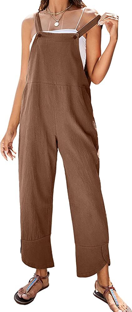 PUWEI Womens Cotton Linen Adjustable Bib Overalls Casual Wide Leg Baggy Jumpsuit with Pockets | Amazon (US)