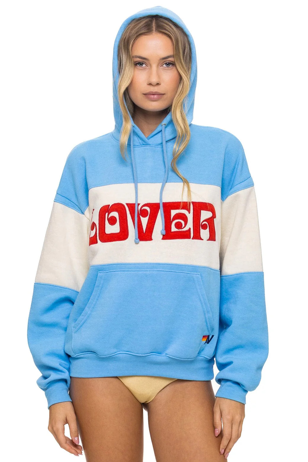 LOVER EMBROIDERY COLOR BLOCK PULLOVER HOODIE RELAXED - SKY // VINTAGE | Aviator Nation
