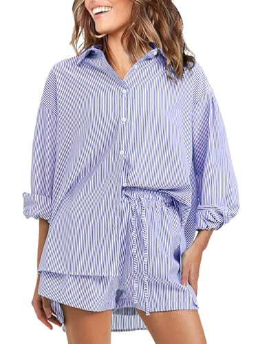 EXLURA Women's Summer 2 Piece Sets Long Sleeve Button Down Shirts Matching Short Sets Beach Vacation Cruise Outfits 2025 | Amazon (US)