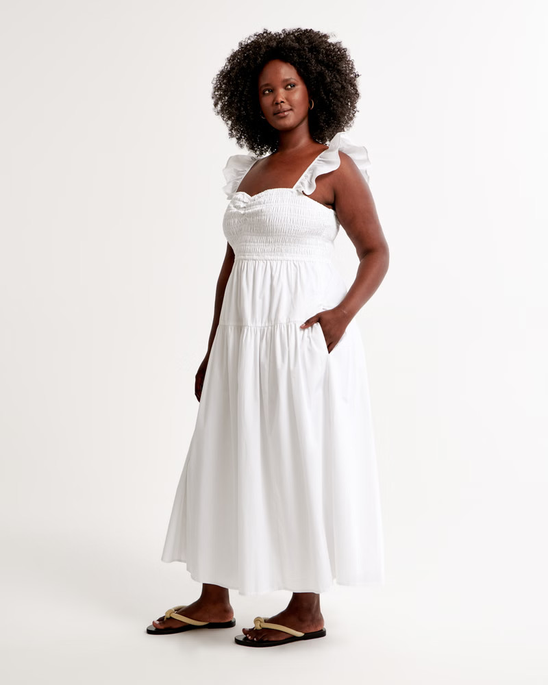 Ruffle Strap Smocked Midi Dress | Abercrombie & Fitch (UK)