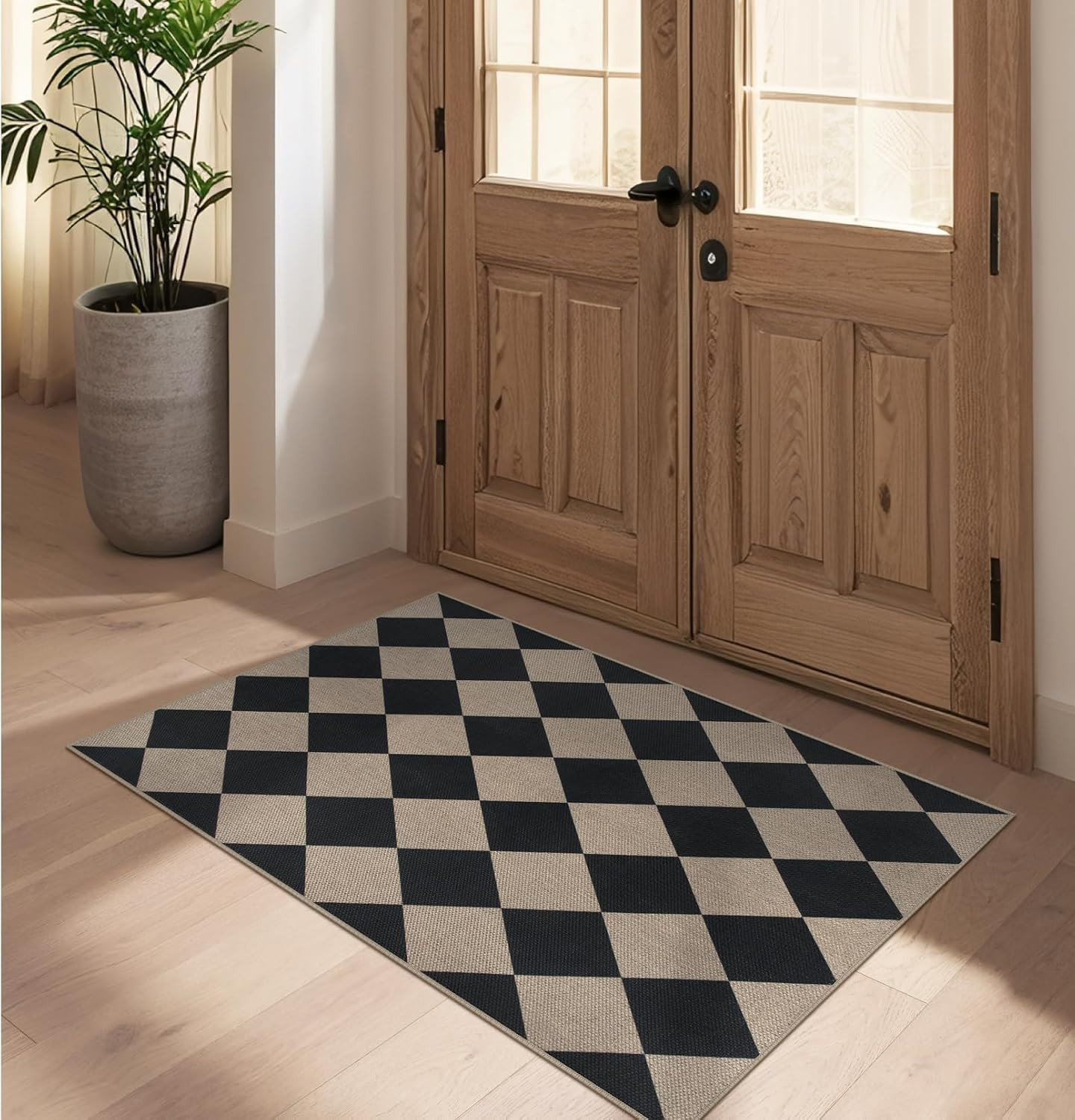 Easy Jute Checkered Entryway Rug, 2.6x4 Black Modern Indoor Outdoor Doormat, Washable Non-Slip Neutral Kitchen Rug Farmhouse Diamond Throw Rugs for Entrance Bedroom Bathroom | Amazon (US)