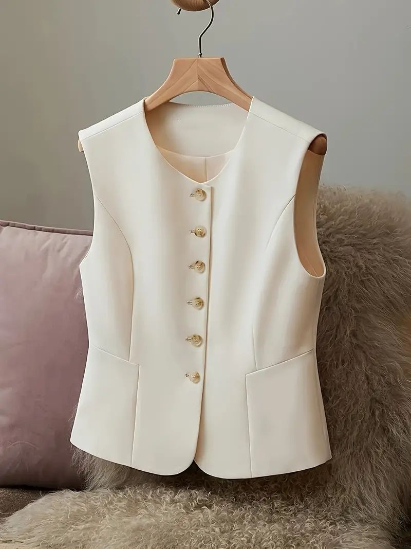 Solid Button Front Vest Jacket, Elegant Sleeveless Jacket For Spring & Summer, Women's Clothing | Temu Affiliate Program