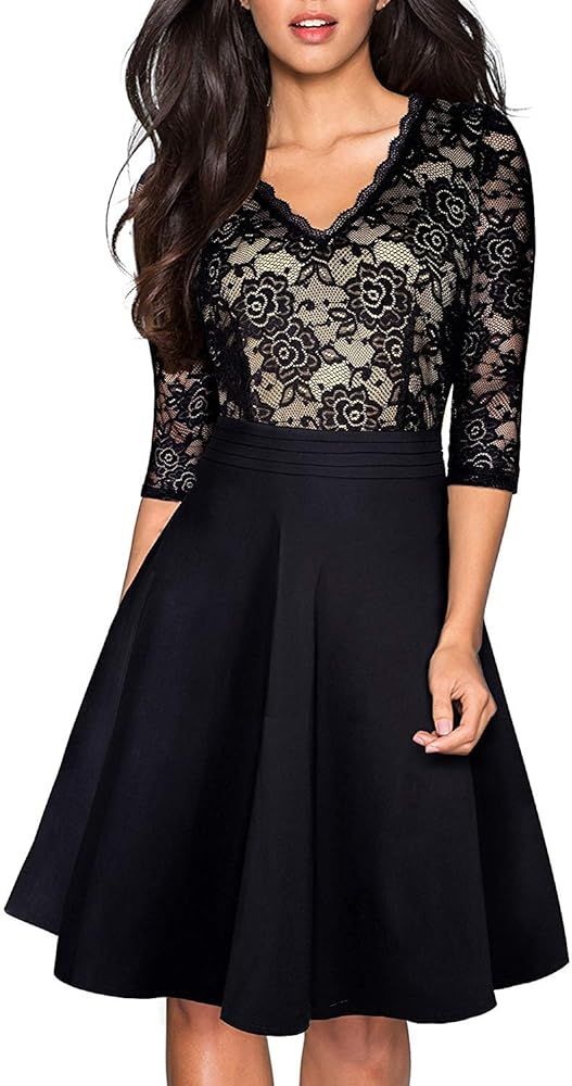 HOMEYEE Women's Chic V-Neck Lace Patchwork Flare Party Dress A062 | Amazon (US)