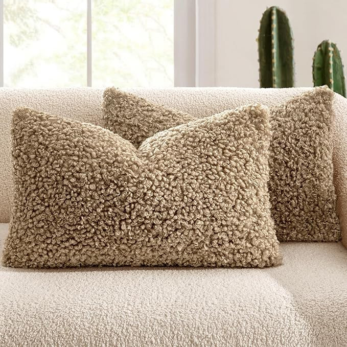 MIULEE Pack of 2 Lumbar Throw Pillow Covers 12x20 Inch Neutral Khaki Faux Fur Decorative Sherpa P... | Amazon (US)
